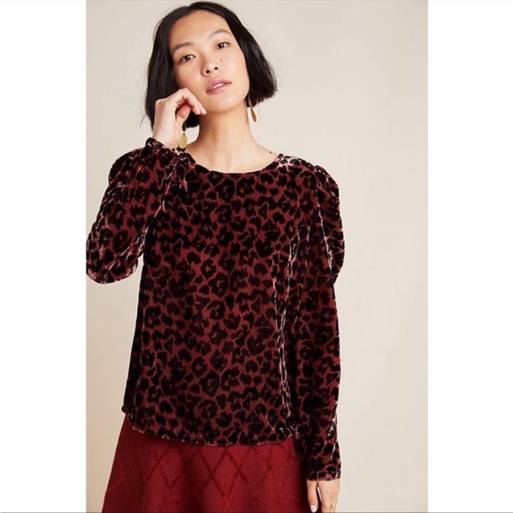 Anthropologie Dolan Charley Velvet Top Long Sleeve Animal Print Black Brown - Picture 3 of 9